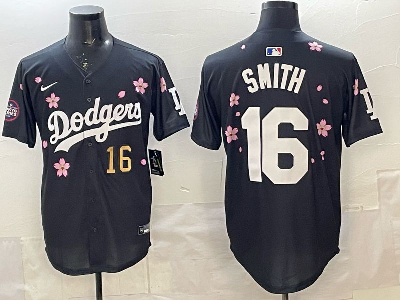 Men Los Angeles Dodgers #16 Smith Black Sakura Edition 2025 Nike MLB Jersey style 2